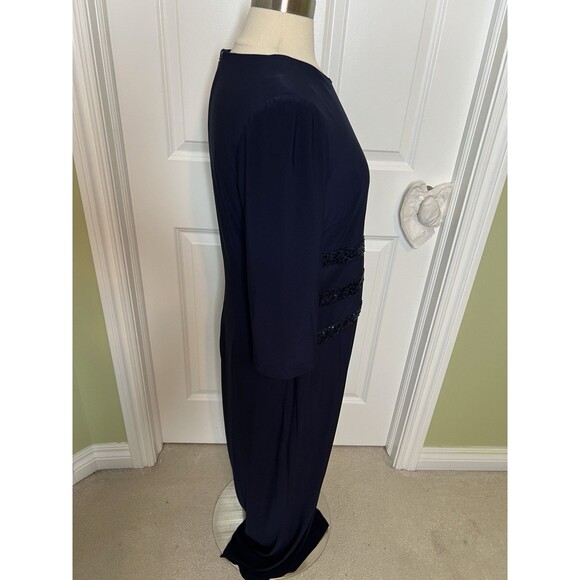 R&M RICHARDS Maxi Dress Gown Navy Blue Stretch Knit Ruffle Sequins Sz 14 Evening - Picture 5 of 12